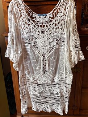 Blue Sand White Crochet Lace Tunic Dress coverup